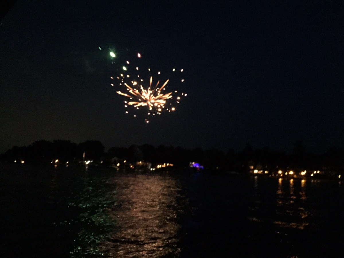 fireworks in the night sky over a body of water
