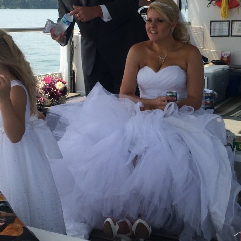 a woman sitting on a table