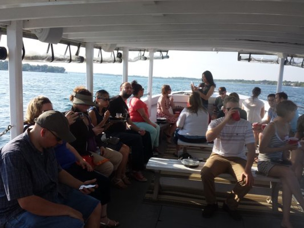 a group of people sitting in the water