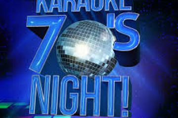 Karaoke 70's Night text with a disco ball on a blue background.