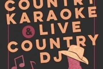Text reads 'Country Karaoke & Live Country DJ' with music notes and cowboy hat and boot.